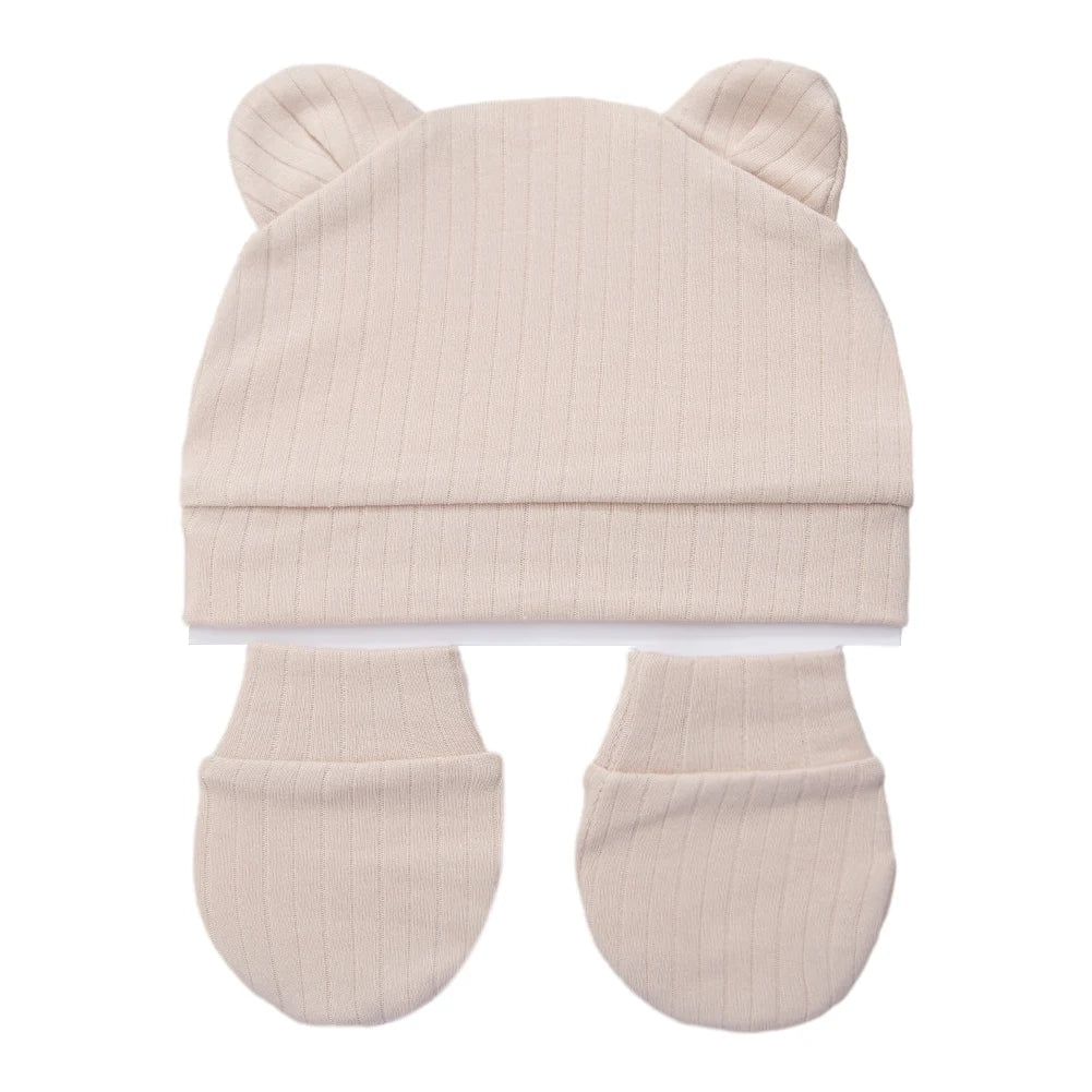 3Pcs/Set Cute Cotton Baby Hats Newborn Bonnet Gloves Mittens Beanies Bear Ear Shape Gift Photo Props Infant 0-3M Clothing