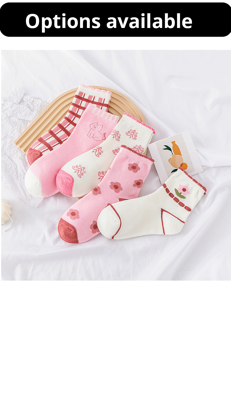 5 Pairs Pink Flower Knit Warm Childrens Socks For Girls Socks Kids Womens Cute Cartoon Medium Stockings