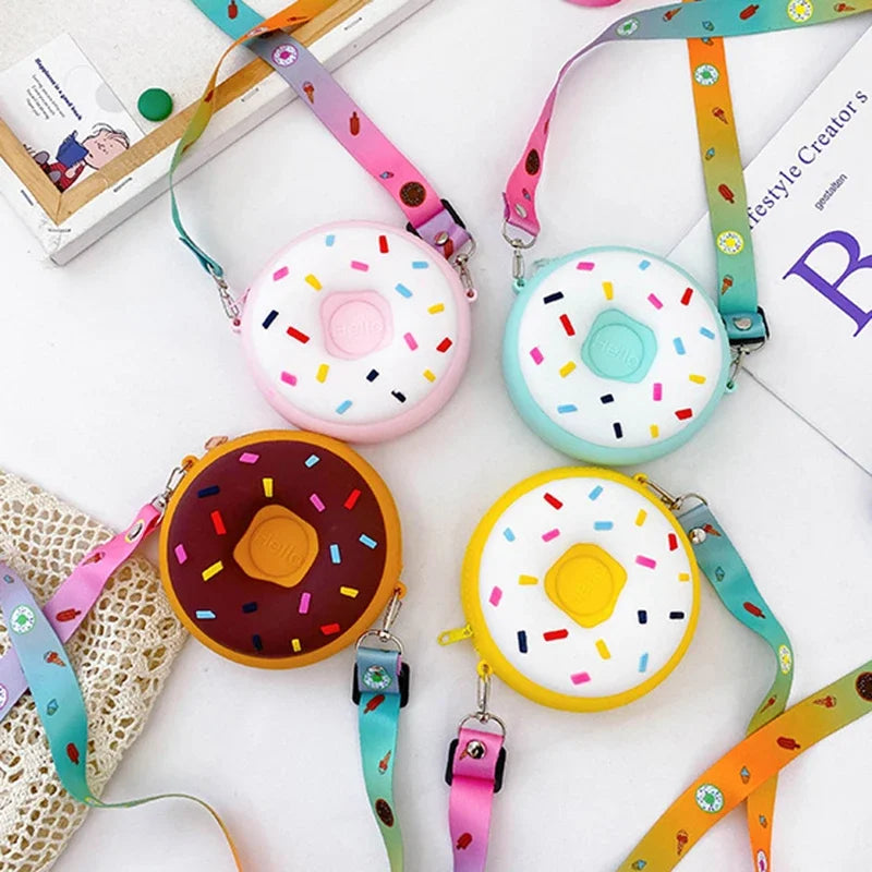 Round Donut Crossbody Bag Child Child Girl Children Shoulder Bag Adjustable Strap Vacation Travel Rainbow Printed Pocket Package