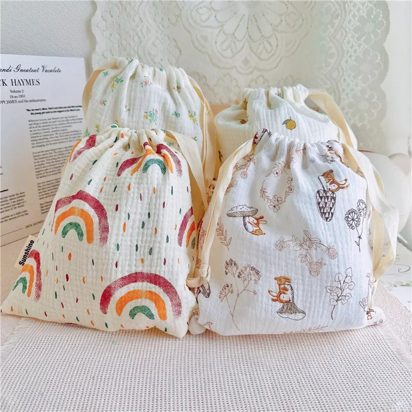 Printed Flower Mommy Bag Baby Diaper Bag Cotton Nappy String Pocket Stroller Carry Pack Travel Outdoor Diaper Storage Bag