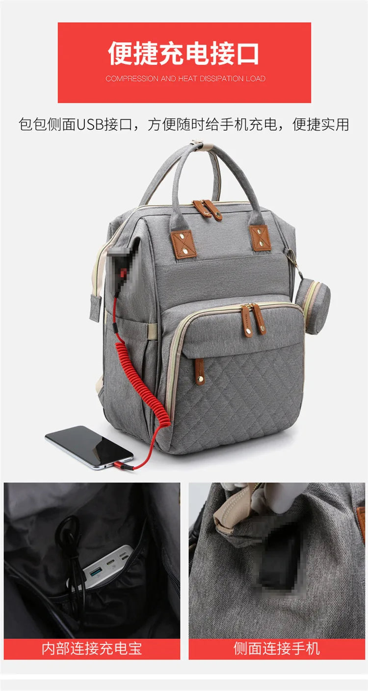 Mummy Backpack With Foldable Crib Soft Mattress Multifunctional Mommy Bags Baby Bottle Insulation Storage Bags Diaper Organizer