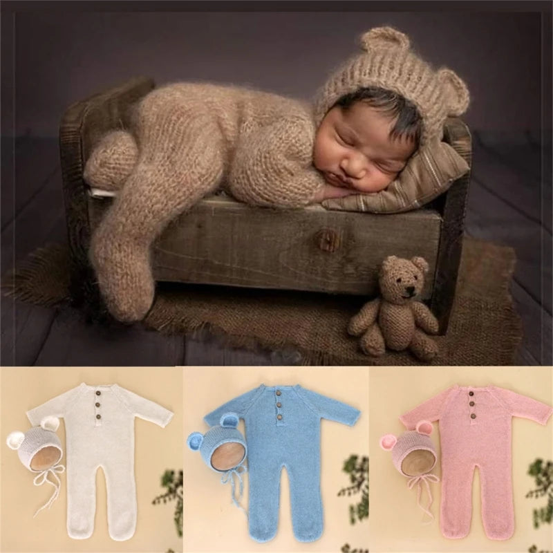 Baby Outfit Newborn Photography Props mohair Knitted Bear Rompers Footed Jumpsuit Hat 2pcs/Sets Photography Clothing Accessories