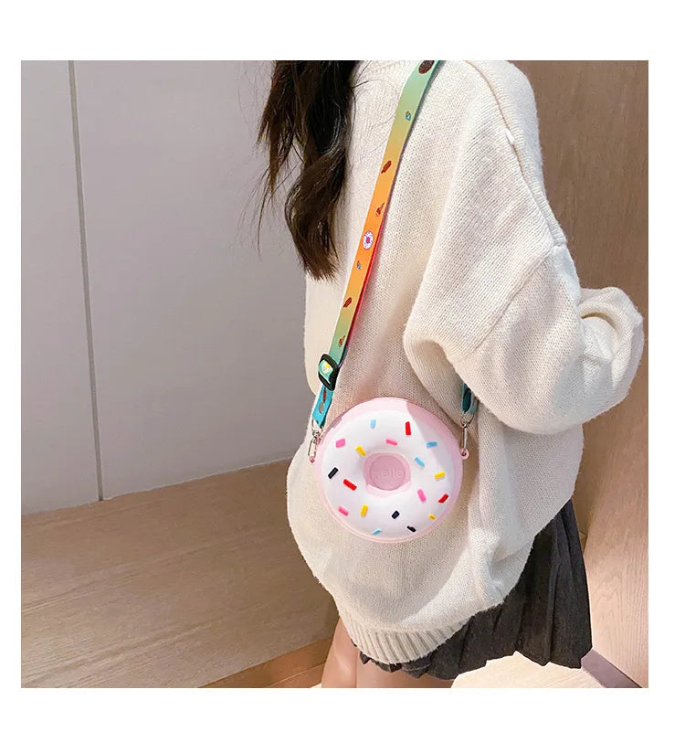 Round Donut Crossbody Bag Child Child Girl Children Shoulder Bag Adjustable Strap Vacation Travel Rainbow Printed Pocket Package
