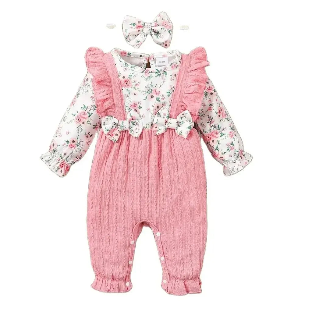 0-18 Months Newborn Baby Girl Romper Cute Floral Long Sleeve with Bow Bodysuit+Headband Infant Girl Spring&Autumn Jumpsuit