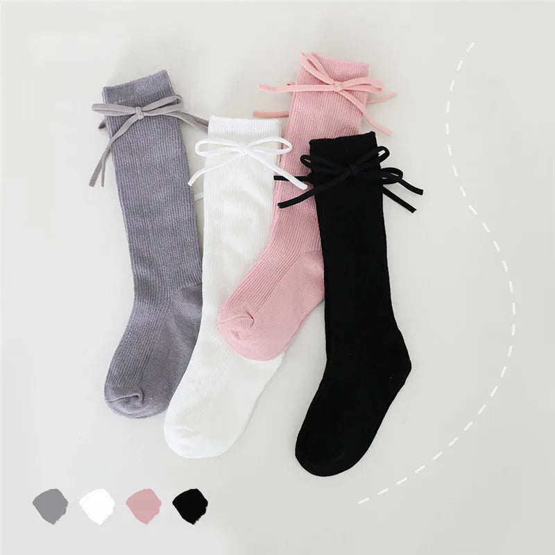 Autumn Kids Knee High Socks Baby Girls Boys Bowknot Flat Long Sock Soft Cotton Solid Children Princess Socken For 0-7 Years