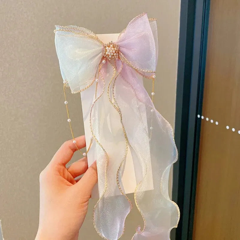 Elegant Creative Trendy Mesh Gradient Bow Tassel Hair Clips Decorative Hair Accessories For Holiday Party Girls Accessories