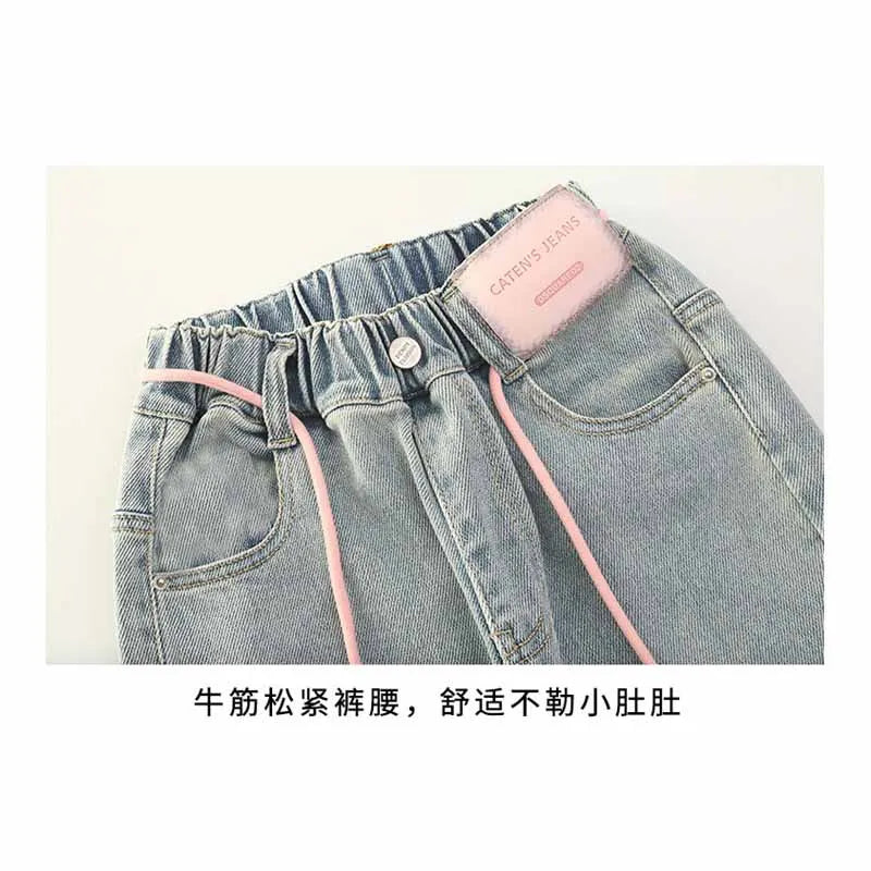 New Girls Letter Jeans Spring Autumn Kids Loose Fashion Casual Trousers Children Temperament Elastic Straight Pants 2-12 Years