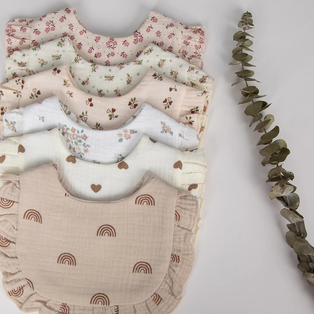 Flower Print Baby Bibs Adjustable Snap Saliva Towel Ruffled Edge Muslin Cotton Burp Cloths Rainbow A Grade Girls Feeding Scarf