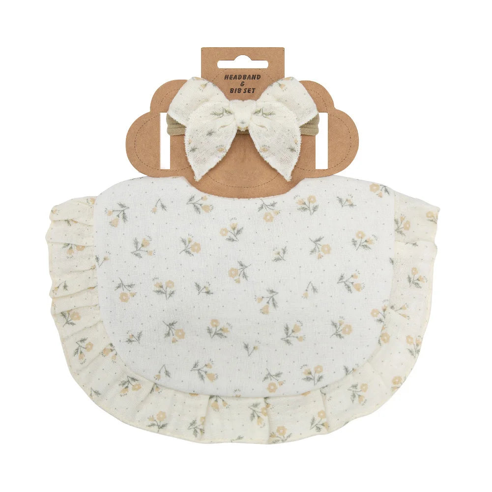 2Pcs/Set Ruffled Edge Muslin Cotton Baby Bibs Hair Bows Girls Headbands Flower Print Saliva Towel Feeding Burp Cloths Scarf