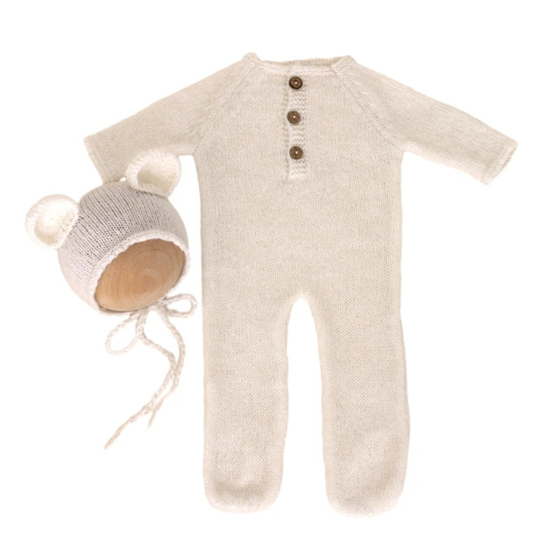 Baby Outfit Newborn Photography Props mohair Knitted Bear Rompers Footed Jumpsuit Hat 2pcs/Sets Photography Clothing Accessories