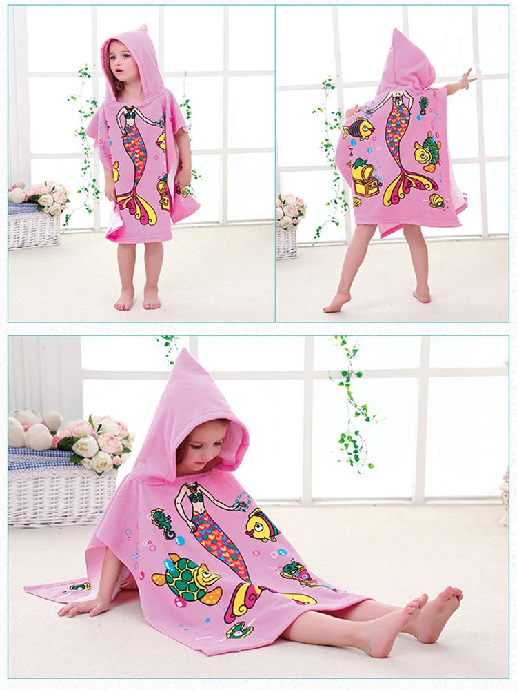 80-130cm Kids Hooded Bath Beach Poncho Towels Baby Quick Dry Bathrobe Child Cartoon Poncho Towels Microfiber Swim Cover-ups