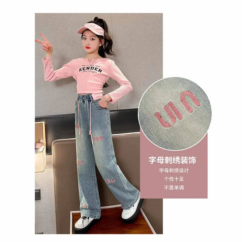 New Girls Letter Jeans Spring Autumn Kids Loose Fashion Casual Trousers Children Temperament Elastic Straight Pants 2-12 Years