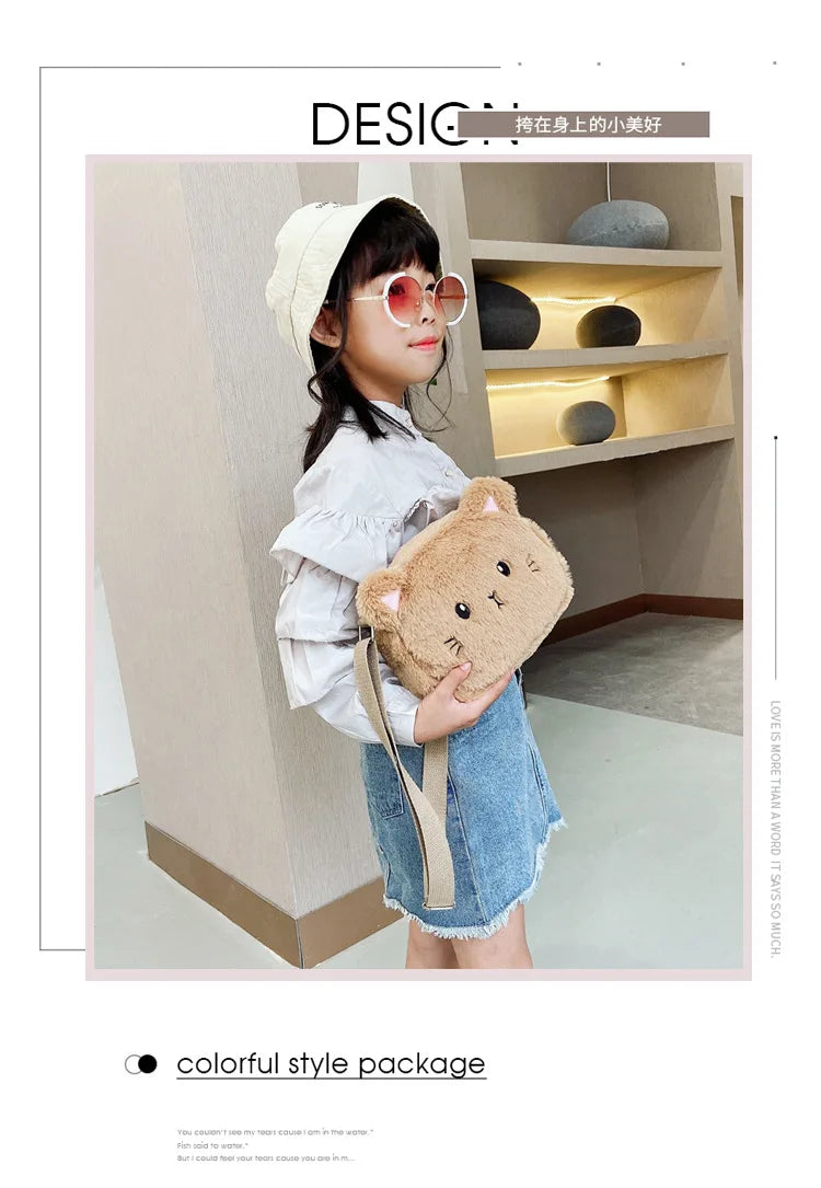 1 Piece Cute Kids Bag for Girls Kawaii Cartoon Animal Cat Messenger Bag for Children Portable High Capacity Outdoor Plush Bag