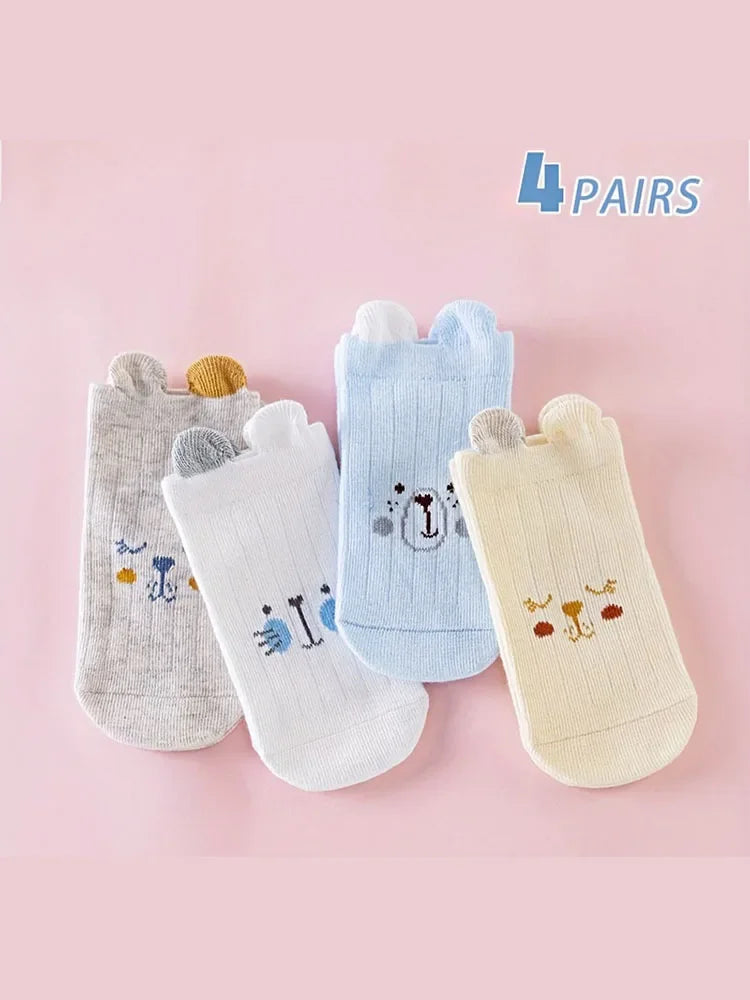 4 Pairs of Male Baby Bear Cartoon Cotton Socks, Pure Cotton Cartoon Newborn Baby Socks, Cute Three-dimensional Small Ears, Versa