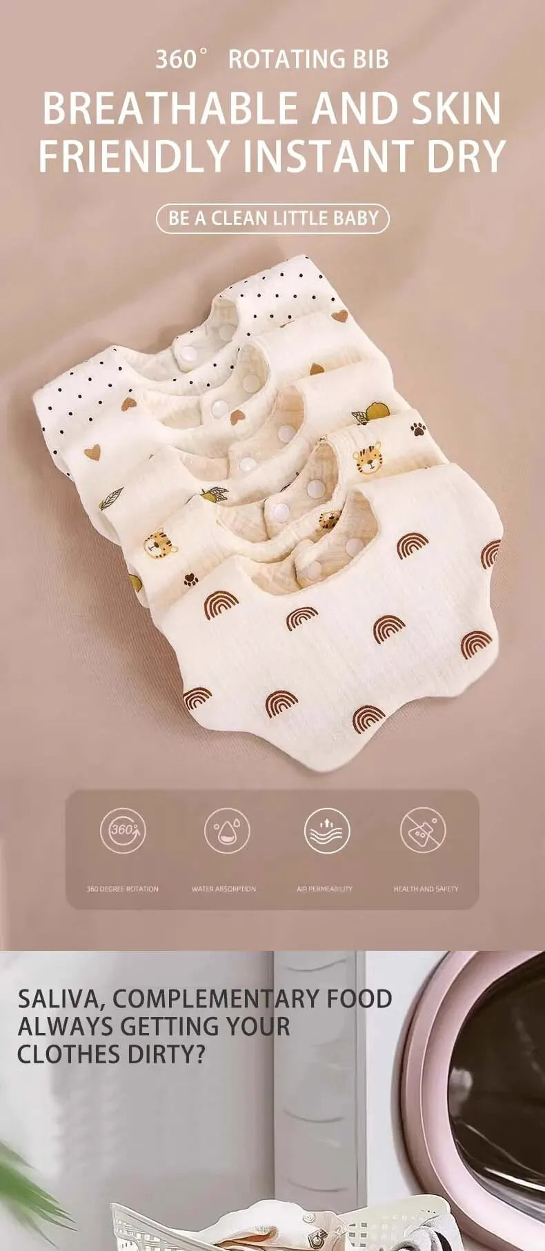 Wholesale Pure Cotton Printed Six-layer 360 Rotatable Baby Feeding Bibs Toddler Saliva Towel Infant Gauze Baby Bib