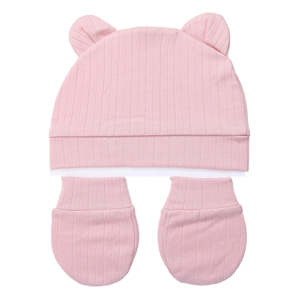 3Pcs/Set Cute Cotton Baby Hats Newborn Bonnet Gloves Mittens Beanies Bear Ear Shape Gift Photo Props Infant 0-3M Clothing
