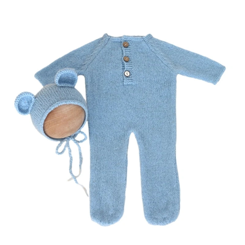 Baby Outfit Newborn Photography Props mohair Knitted Bear Rompers Footed Jumpsuit Hat 2pcs/Sets Photography Clothing Accessories