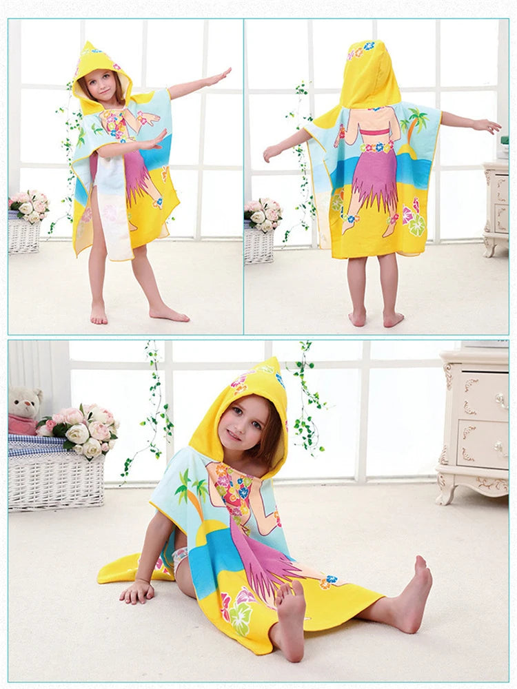 80-130cm Kids Hooded Bath Beach Poncho Towels Baby Quick Dry Bathrobe Child Cartoon Poncho Towels Microfiber Swim Cover-ups