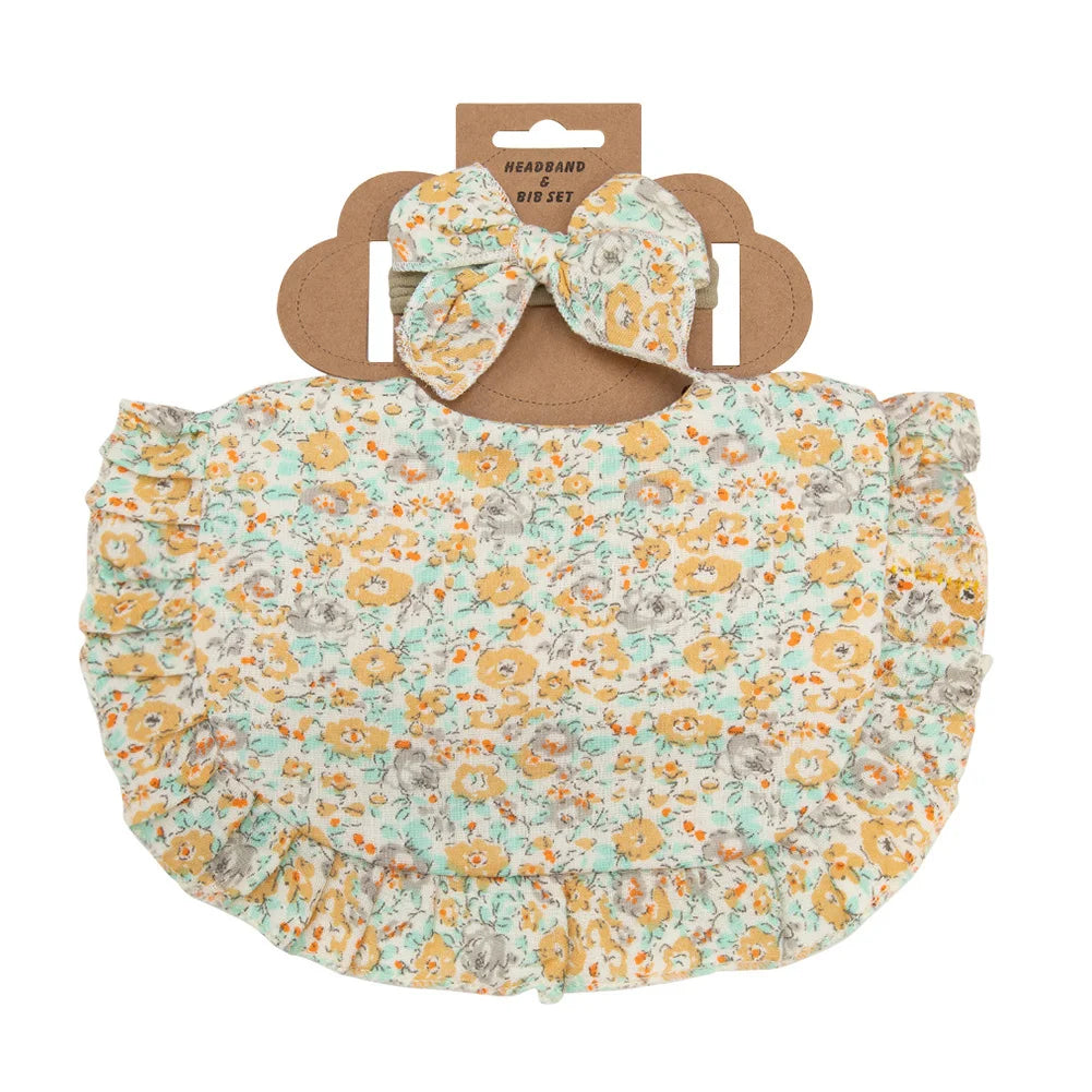2Pcs/Set Ruffled Edge Muslin Cotton Baby Bibs Hair Bows Girls Headbands Flower Print Saliva Towel Feeding Burp Cloths Scarf