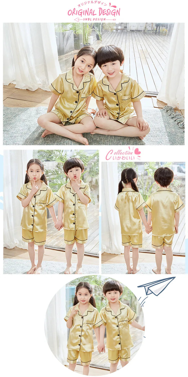 2024 New Summer Children Clothes Pajama Set Stain Silk Soft Solid Color Comfortable Clothing Kids Girls Boys Pajamas Sleepwear