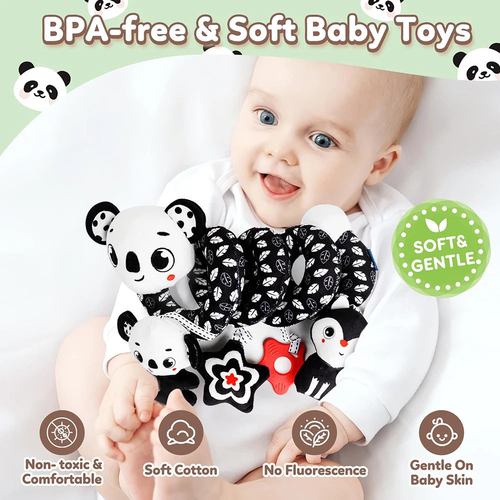 Newborns Spiral Hanging Activity Stroller Toy Baby Carseat Toy Black & White Lion Koala Rattle for Crib Mobile Sensory Toy Gift