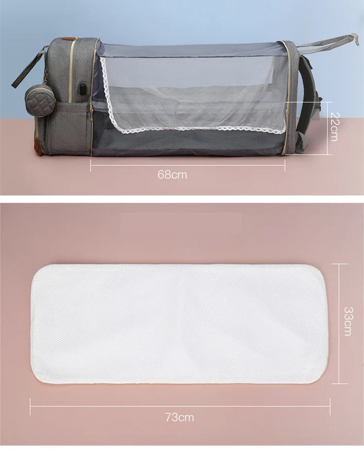Folding Mommy Bag with USB Port and Shade Cloth Mosquito Net Portable Folding Crib Bed Multi Function Pee Pad Mother Baby Bag