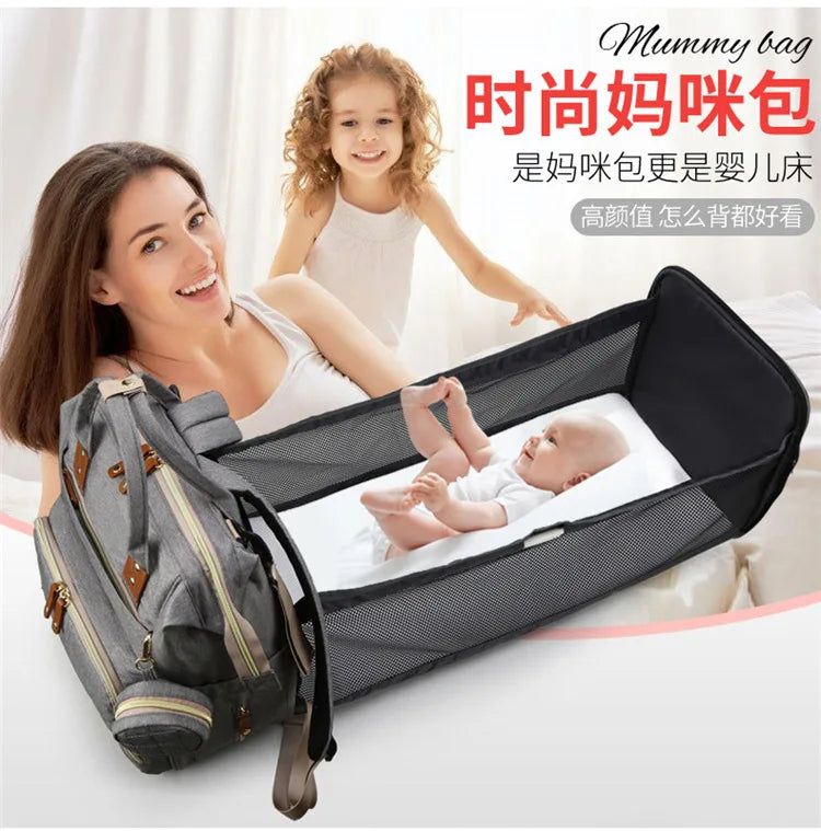 Mummy Backpack With Foldable Crib Soft Mattress Multifunctional Mommy Bags Baby Bottle Insulation Storage Bags Diaper Organizer