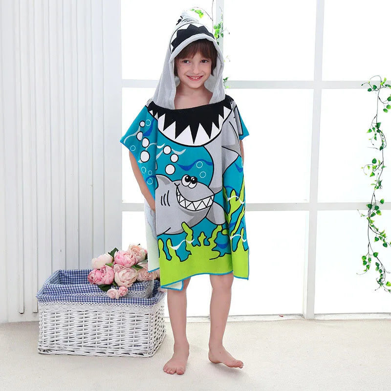 80-130cm Kids Hooded Bath Beach Poncho Towels Baby Quick Dry Bathrobe Child Cartoon Poncho Towels Microfiber Swim Cover-ups