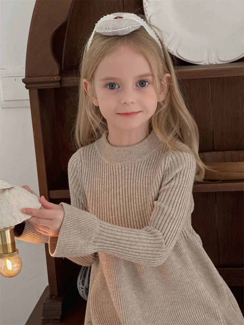 Girls Knitted Dress 2024 Autumn Winter New Children Gown Princess Solid Color Vestidos Kids Fashion Sweater Dresses Baby Clothes