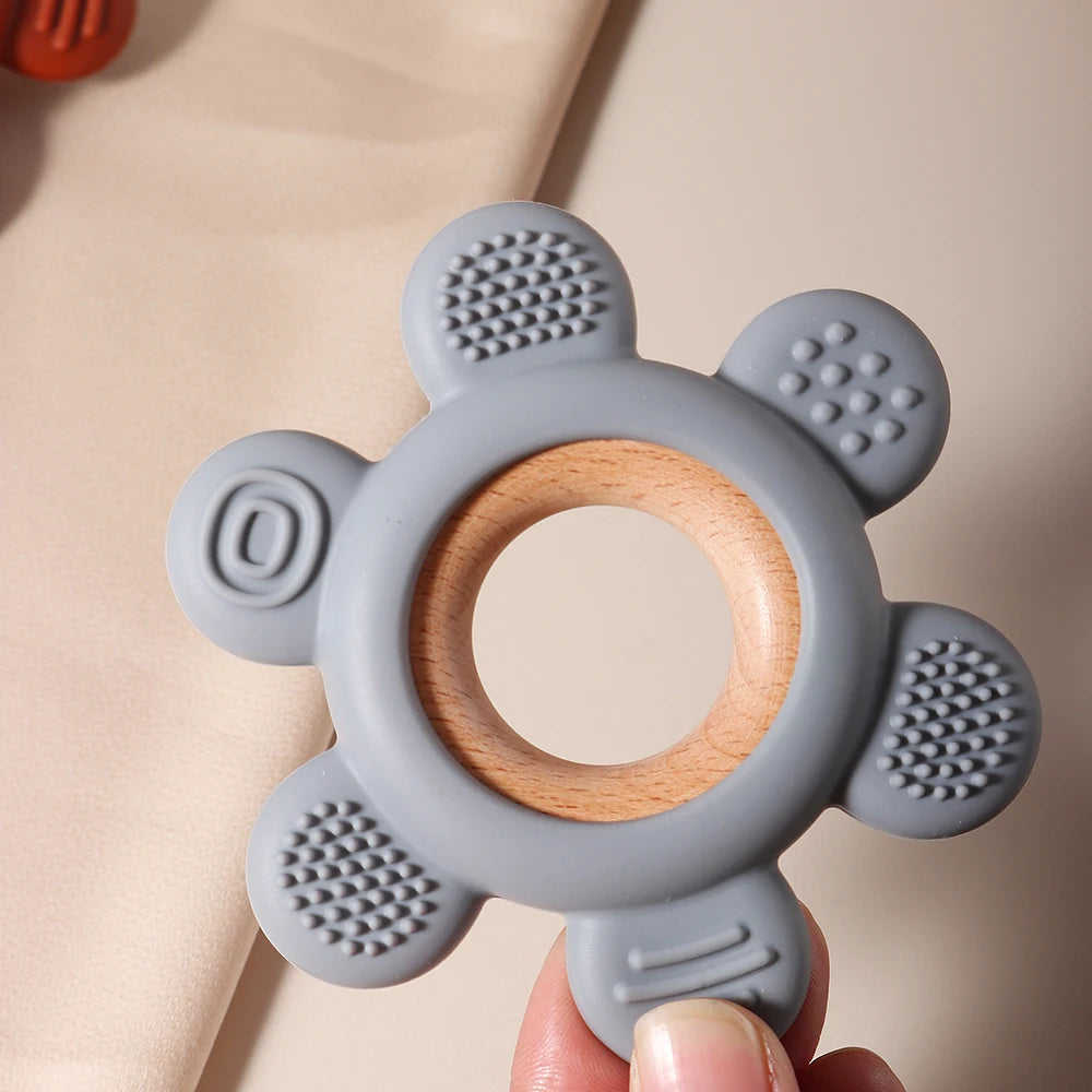 new Baby rudder shape silicone teether Food Grade Safe Teether with wooden ring Toy Teething gift