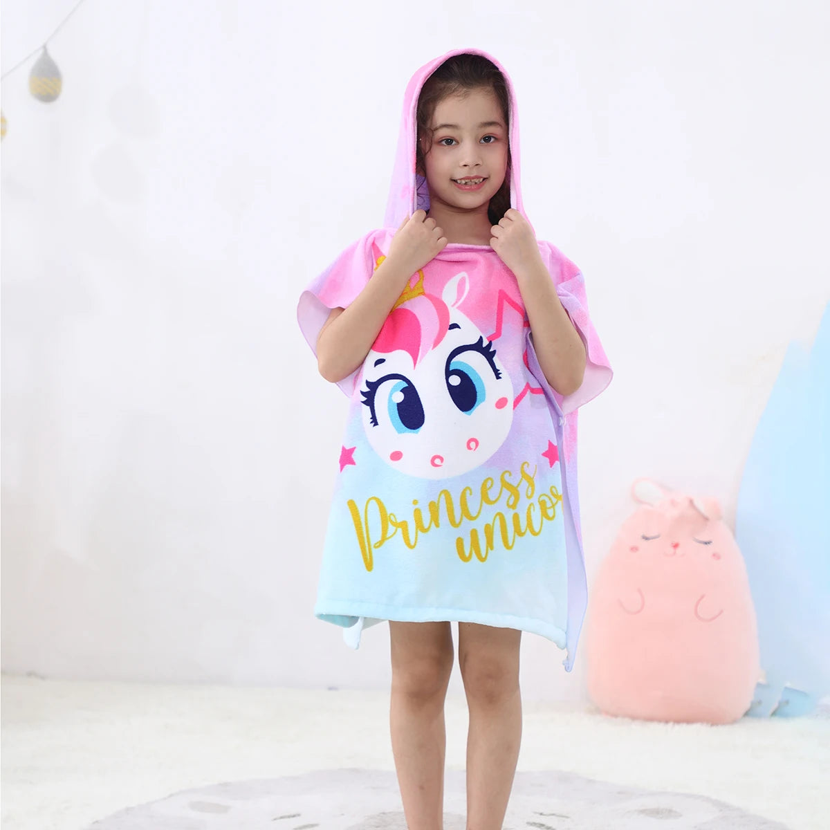 80-130cm Kids Hooded Bath Beach Poncho Towels Baby Quick Dry Bathrobe Child Cartoon Poncho Towels Microfiber Swim Cover-ups