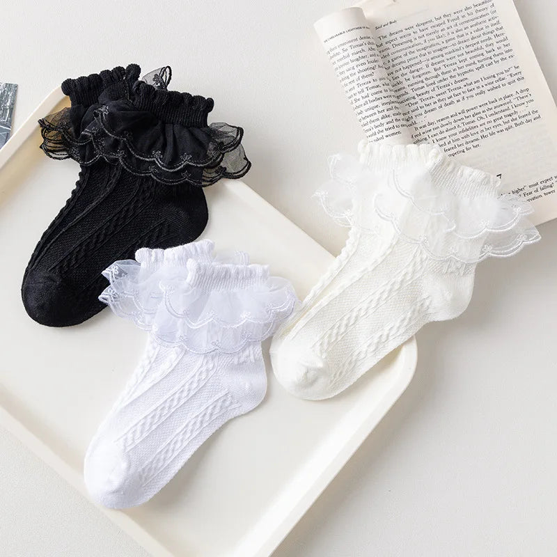3 Pairs/Lot Summer Girls Socks Baby Kids Ruffle Sock Cute Children Frilly White Black Lace Cotton Socks For 1-10Years