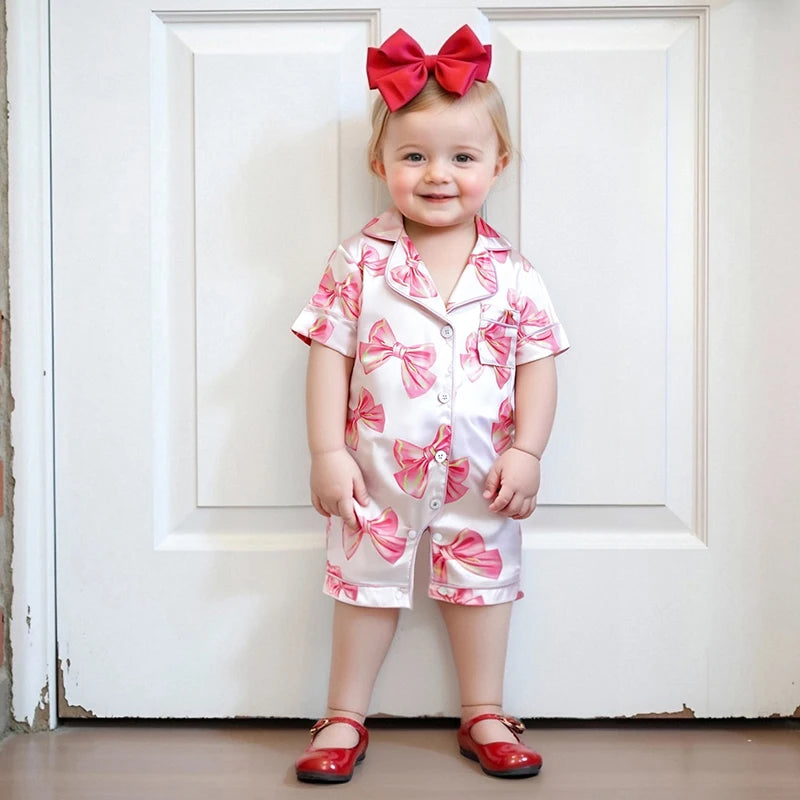 Adorable Infant Princess Bow Satin Pajama Set with Short Sleeves Button-up Shorts and Jumpsuit for Sweet Toddler Bedtime