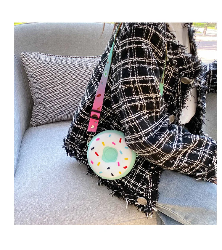 Round Donut Crossbody Bag Child Child Girl Children Shoulder Bag Adjustable Strap Vacation Travel Rainbow Printed Pocket Package