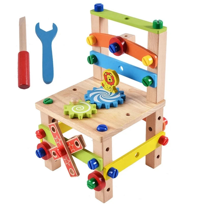 Wooden Assembling Chair Montessori Toys Kids Multifunctional Variety Nut Combination Assembly Tool Chair Educational Wooden Toys