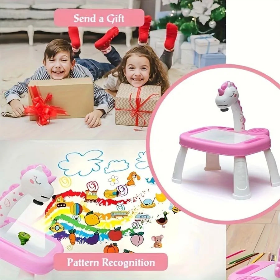 Children's projection painting table, pony shape, graffiti drawing board, electric with music, wipeable drawing board, baby earl