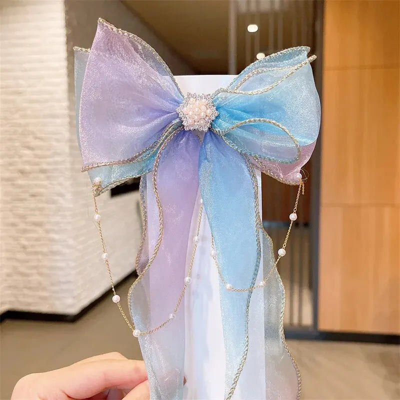 Elegant Creative Trendy Mesh Gradient Bow Tassel Hair Clips Decorative Hair Accessories For Holiday Party Girls Accessories