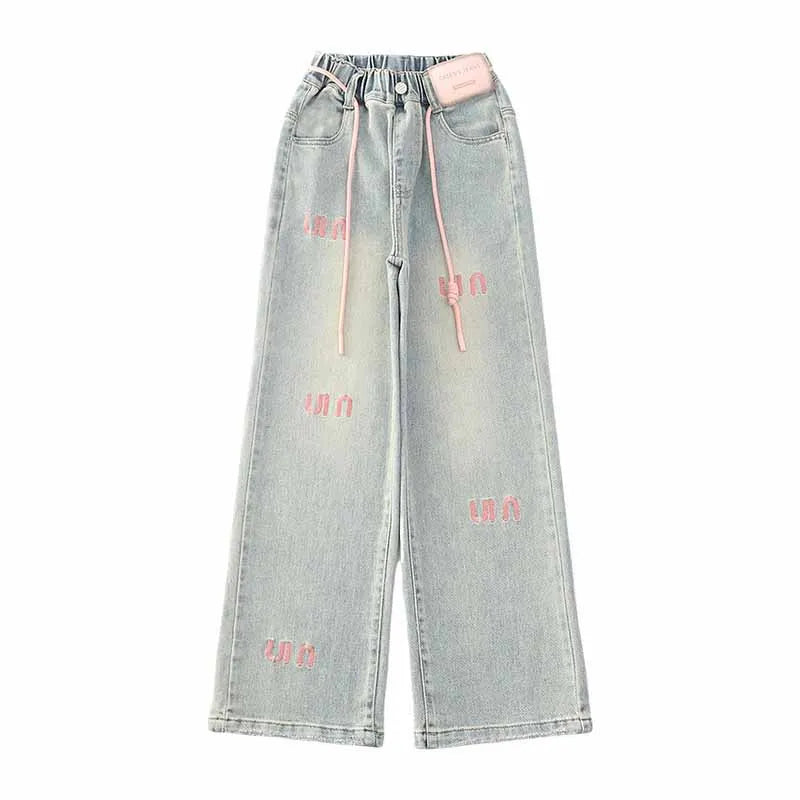 New Girls Letter Jeans Spring Autumn Kids Loose Fashion Casual Trousers Children Temperament Elastic Straight Pants 2-12 Years