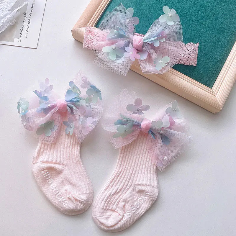 2Pcs Baby Bow Headband Socks Set Toddler Boys Girls Lace Print Bowknot Elastic Hairband Turban Solid Soft Sock Kids Accessories