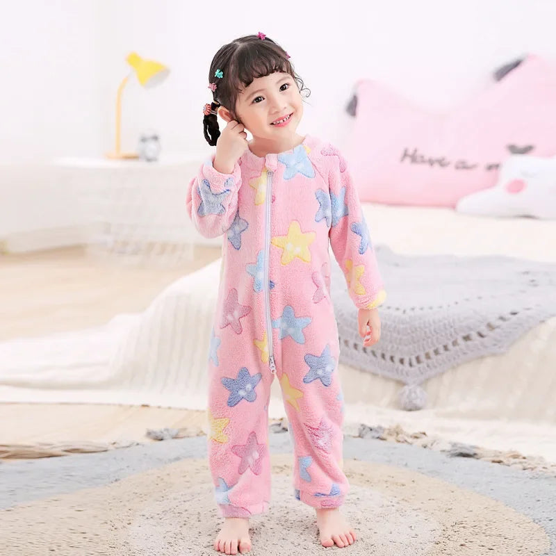 Kids Onesie Boys Girls Long Sleeve Flannel Pajamas Children Winter Cartoon Pyjama Baby Sleepwear 1-4 Years Sleeping Bag