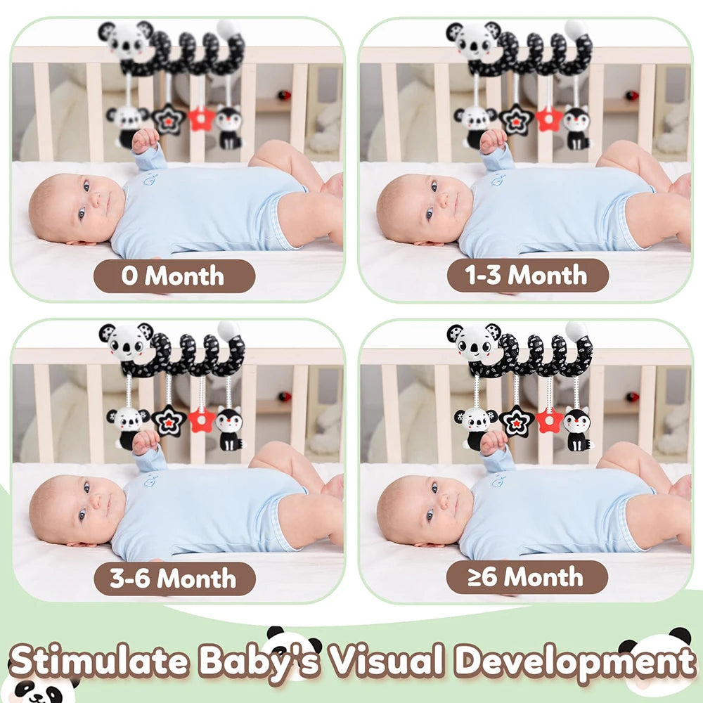 Newborns Spiral Hanging Activity Stroller Toy Baby Carseat Toy Black & White Lion Koala Rattle for Crib Mobile Sensory Toy Gift