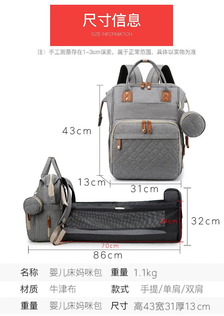 Mummy Backpack With Foldable Crib Soft Mattress Multifunctional Mommy Bags Baby Bottle Insulation Storage Bags Diaper Organizer