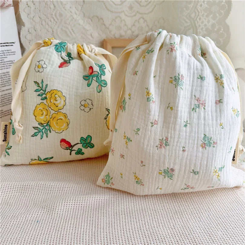 Printed Flower Mommy Bag Baby Diaper Bag Cotton Nappy String Pocket Stroller Carry Pack Travel Outdoor Diaper Storage Bag