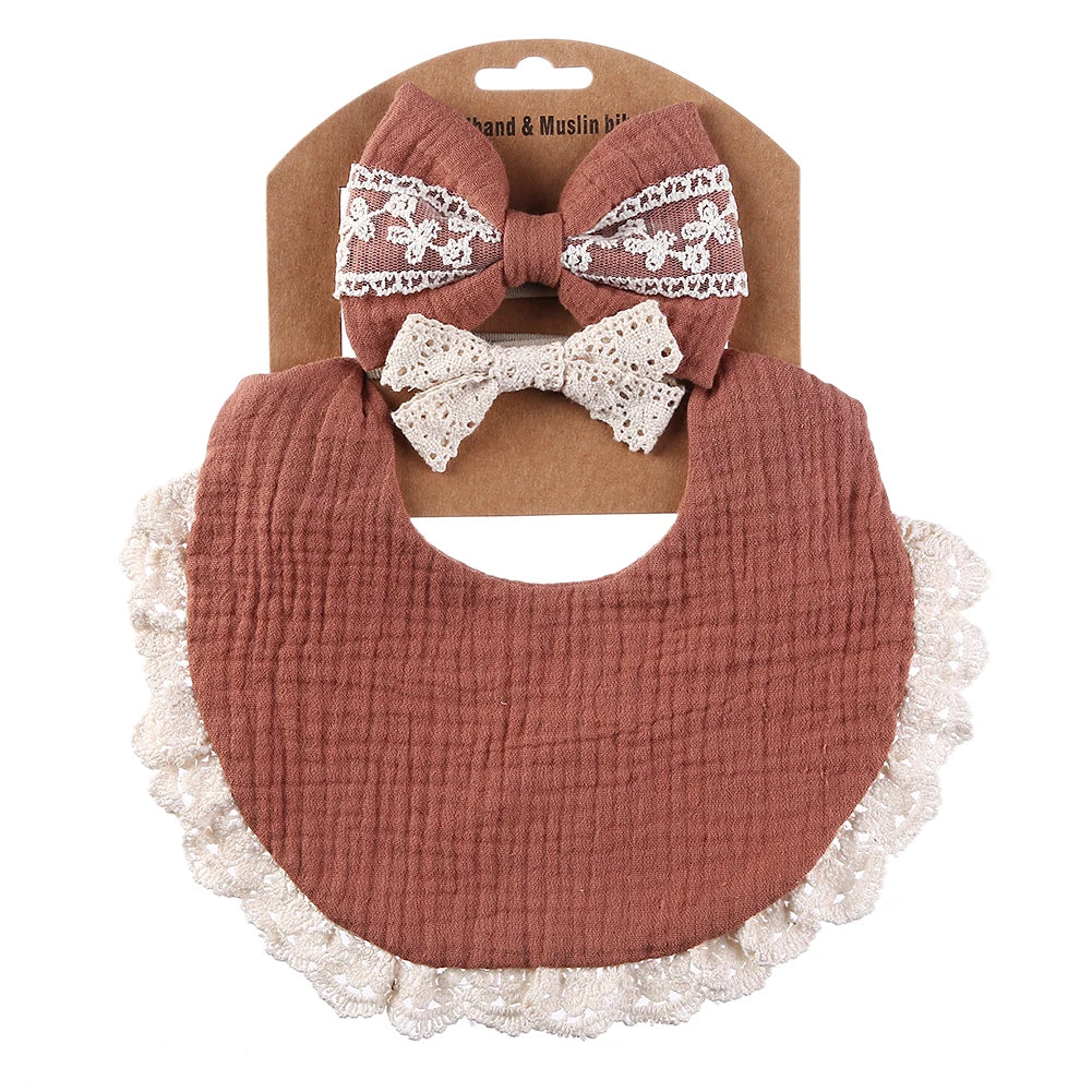 3Pcs/set Solid Muslin Cotton Baby Bibs & Lace Headbands Princess Boys Girls Saliva Towel Feeding Burp Cloths Nylon Hair Bands