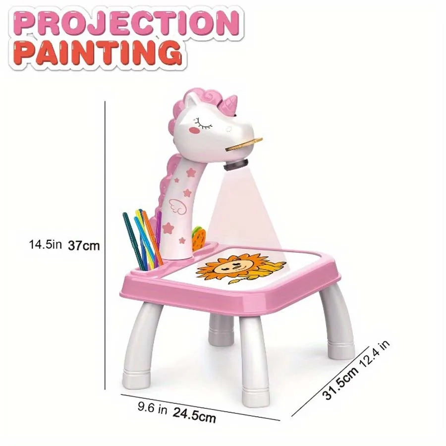 Children's projection painting table, pony shape, graffiti drawing board, electric with music, wipeable drawing board, baby earl