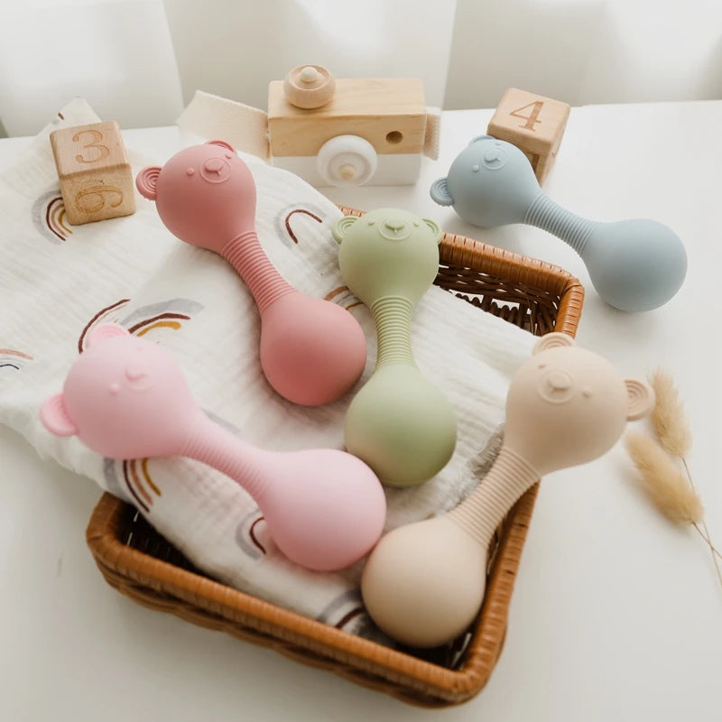 Baby Silicone Sand Hammer Toys 0 12 Months Baby Teether Toys Cartoon Bear Make Hoise Maracas Silicone Accessories for Babies