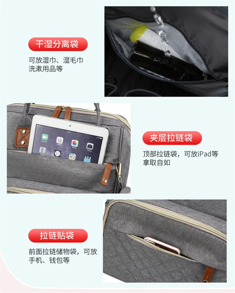 Mummy Backpack With Foldable Crib Soft Mattress Multifunctional Mommy Bags Baby Bottle Insulation Storage Bags Diaper Organizer
