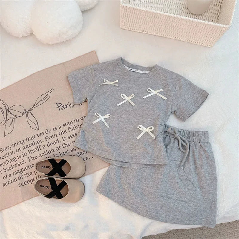 New Summer Sets Girls Bow Tie T-Shirt Suits Children's Short-Sleeved Top Skirt 2-Piece Baby Kids Fashion Sweet Clothes Outfit