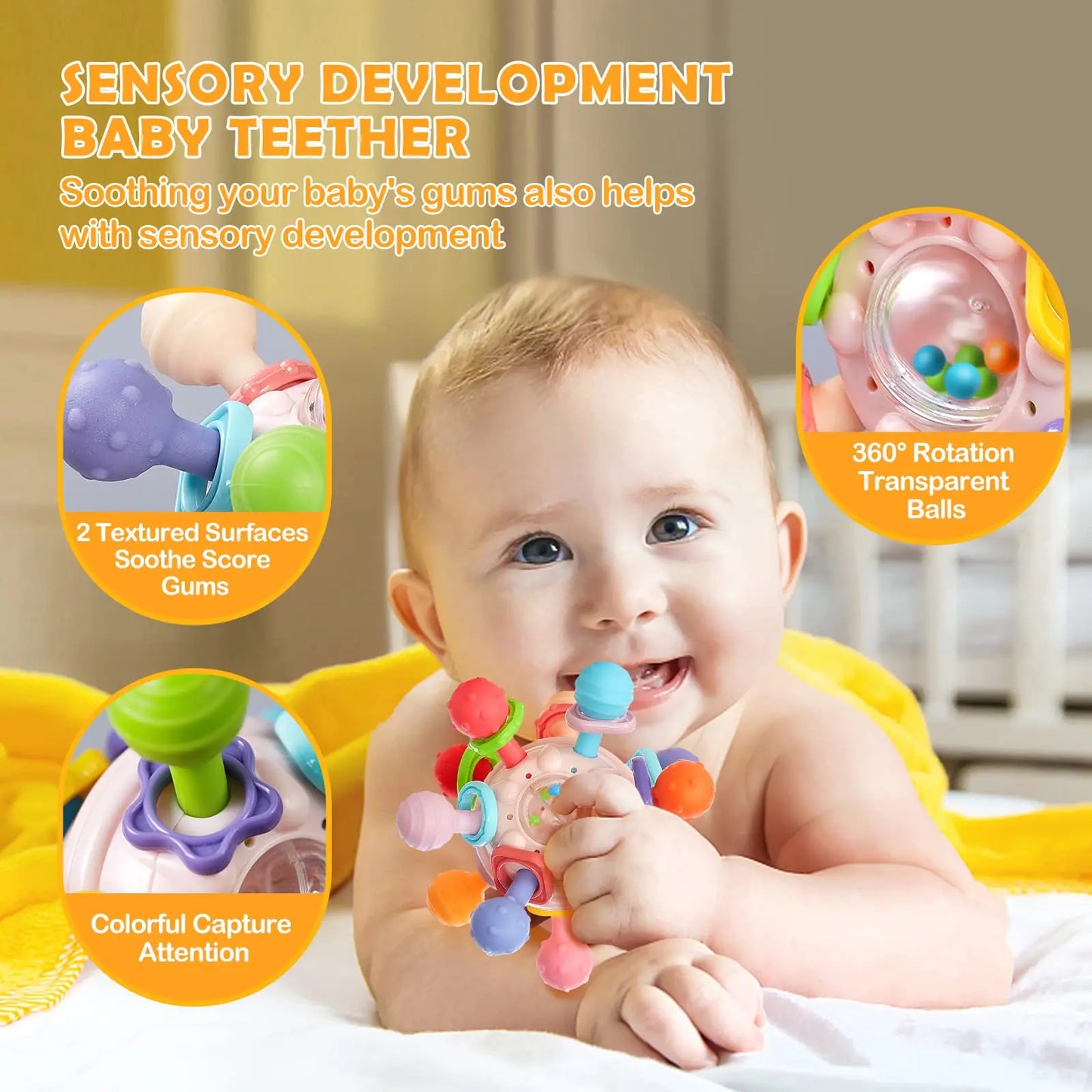 Montessori Baby Teething Toys Sensory Chew Teething Ball Rattle Grasping Activities Babies Toys for 0-18 Months Girls Boys Gifts