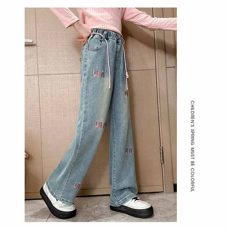 New Girls Letter Jeans Spring Autumn Kids Loose Fashion Casual Trousers Children Temperament Elastic Straight Pants 2-12 Years